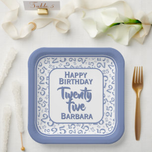 25th Party Random Number Pattern Blue/White Paper Plates