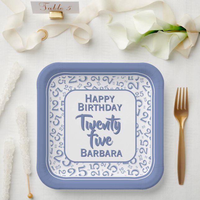 25th Party Random Number Pattern Blue/White Paper Plates (Wedding)