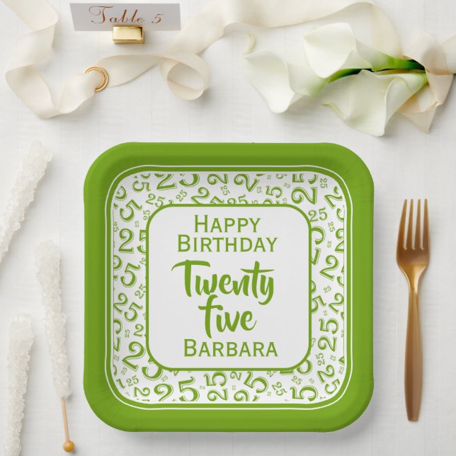 25th Party Random Number Pattern Green/White Paper Plates (Wedding)