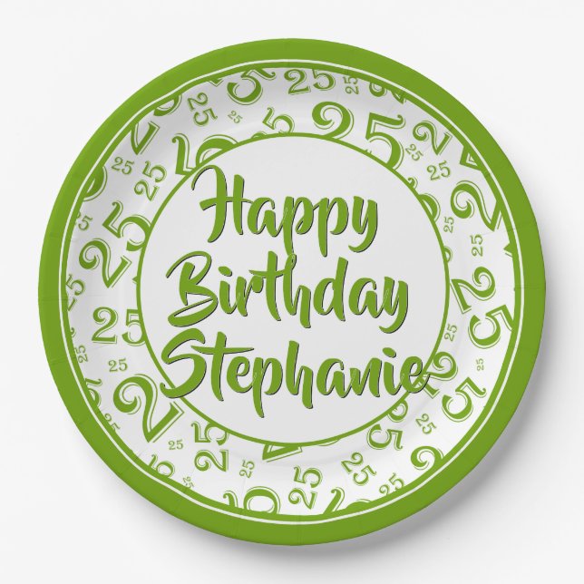 25th Party Random Number Pattern Green/White Paper Plates (Front)