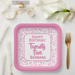 25th Party Random Number Pattern Pink/White Paper Plates