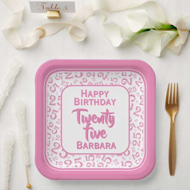 25th Party Random Number Pattern Pink/White Paper Plates (Wedding)