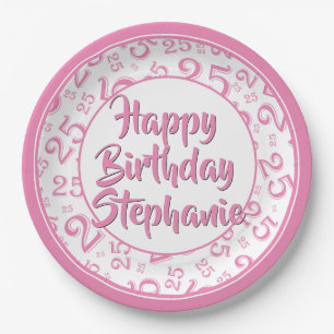 25th Party Random Number Pattern Pink/White Paper Plates