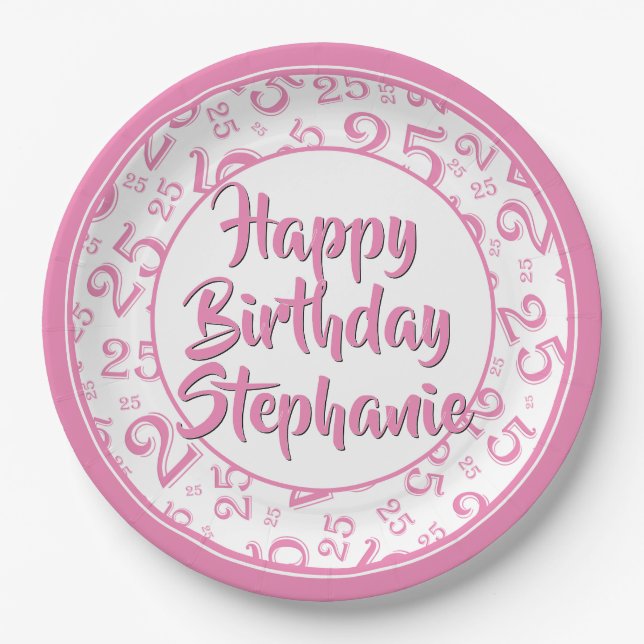 25th Party Random Number Pattern Pink/White Paper Plates (Front)