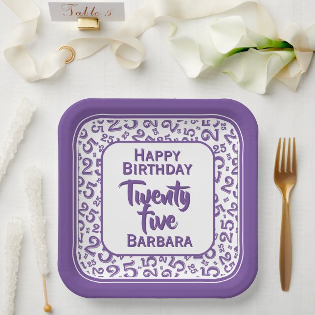 25th Party Random Number Pattern Purple/White Paper Plates (Wedding)
