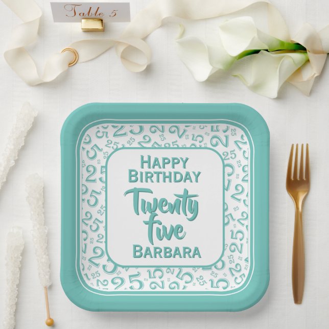 25th Party Random Number Pattern Teal/White Paper Plates (Wedding)