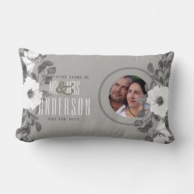 25th PHOTO Wedding Anniversary Floral Silver Lumbar Pillow (Front)