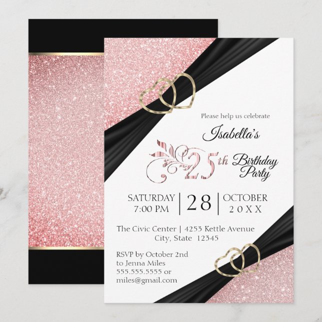 25th Pink Glitter and Gold Heart Birthday Invitation (Front/Back)