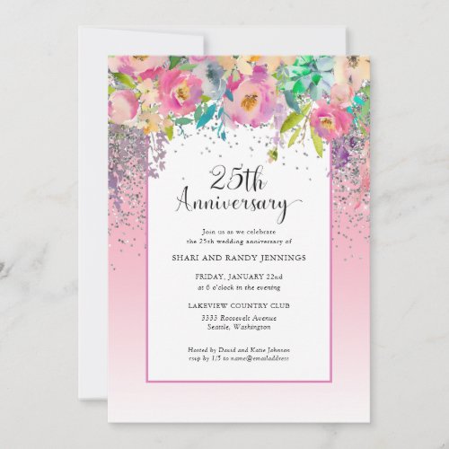 25th Pink Silver Floral Wedding Anniversary Invitation