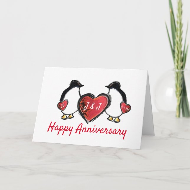 25th ruby wedding anniversary penguin card (Front)