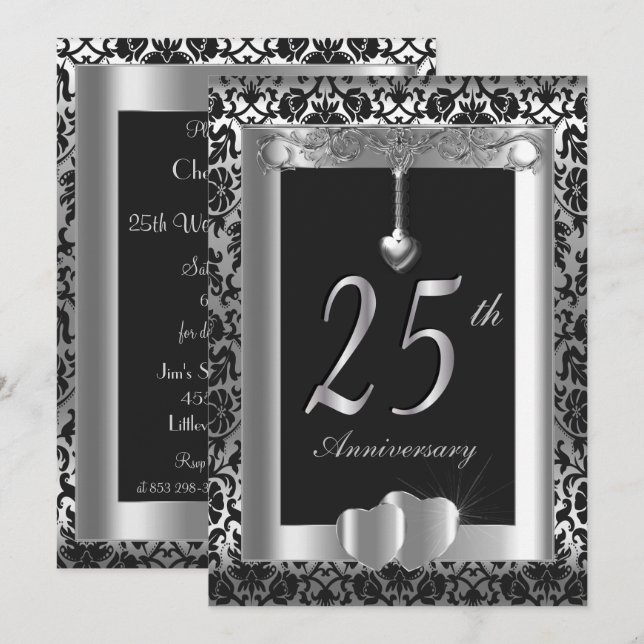 25th Silver and Black Wedding Anniversary | DIY Invitation (Front/Back)