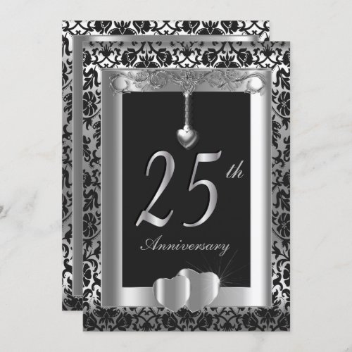 25th Silver and Black Wedding Anniversary  DIY Invitation