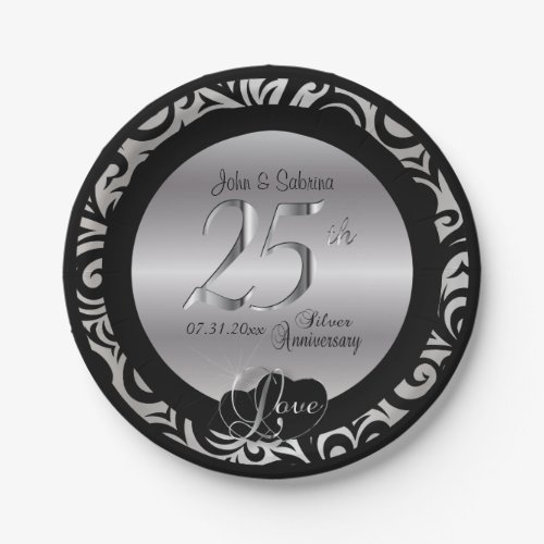 25th Silver and Black Wedding Anniversary Paper Plates