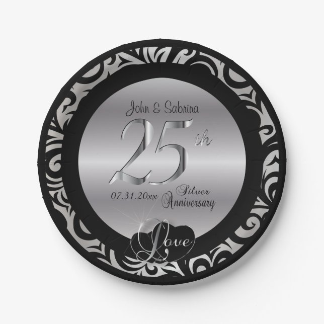 25th Silver and Black Wedding Anniversary Paper Plates (Front)