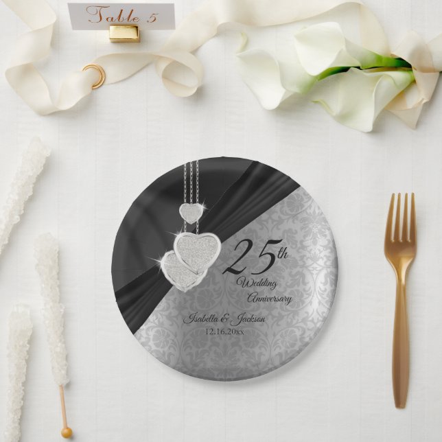 25th Silver and Black Wedding Anniversary Paper Plates (Wedding)