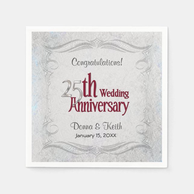 25th Silver and Burgundy Anniversary  - Customize Paper Napkins (Front)