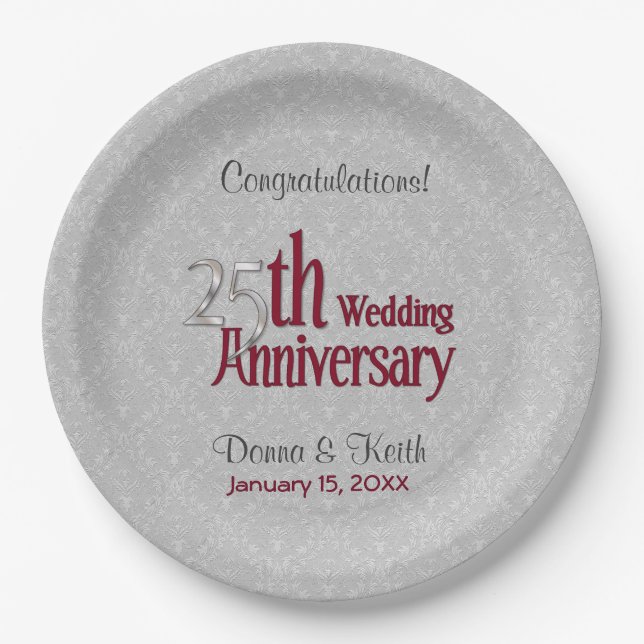 25th Silver and Burgundy Anniversary Paper Plates (Front)