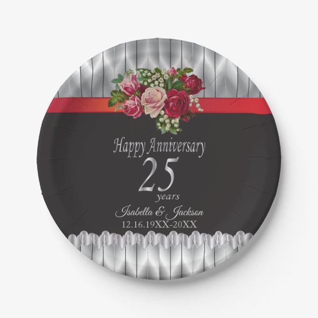 25th Silver and Rose Wedding Anniversary Paper Plates (Front)