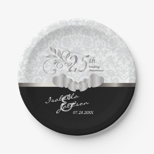 25th Silver and White Wedding Anniversary Paper Plates