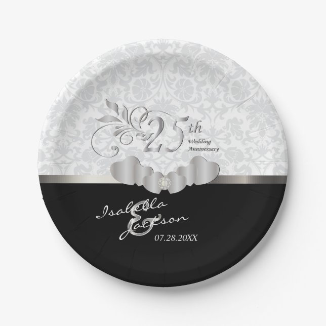 25th Silver and White Wedding Anniversary Paper Plates (Front)