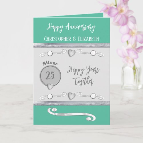 25th Silver Anniversary add names ocean green Card