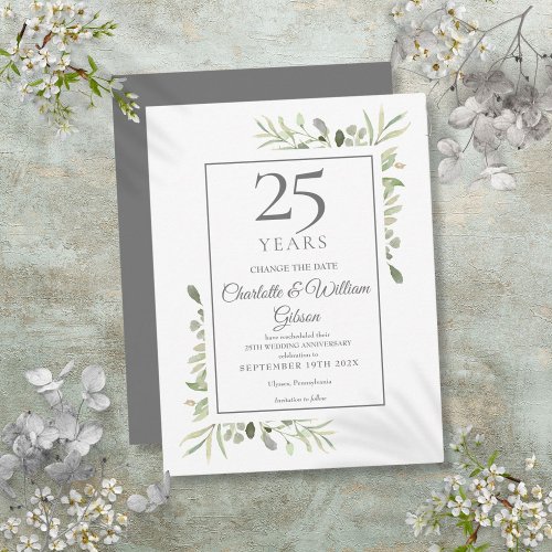 25th Silver Anniversary Change the Date Greenery  Announcement Postcard