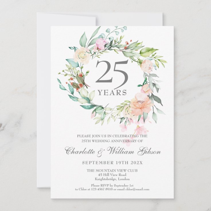 25th Silver Anniversary Floral Roses Garland Invitation | Zazzle