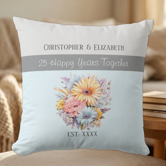 25th silver anniversary flowers blue throw pillow (Creator Uploaded)