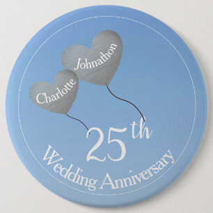 25th Silver anniversary heart balloons in sky Button