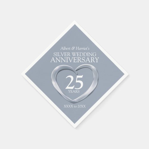 25th silver anniversary heart custom name napkins