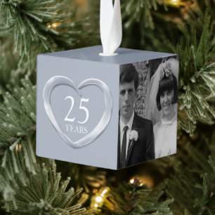 25th silver anniversary heart now and then photo cube ornament