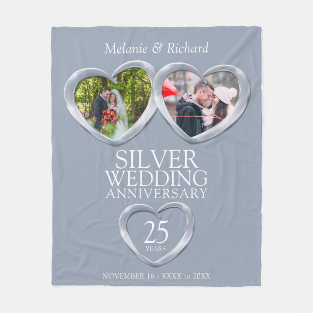25th silver anniversary now and then photo hearts fleece blanket (Front)