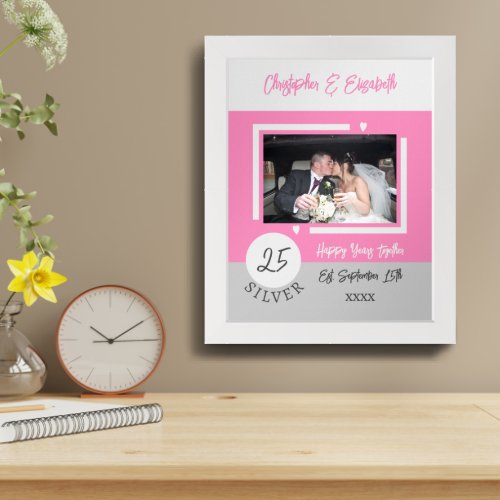 25th silver anniversary pink add names photo framed art