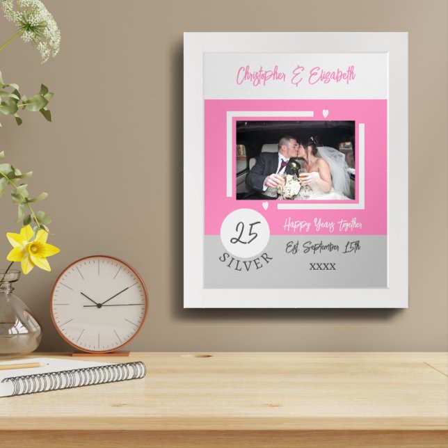 25th silver anniversary pink add names photo framed art (Table Top)