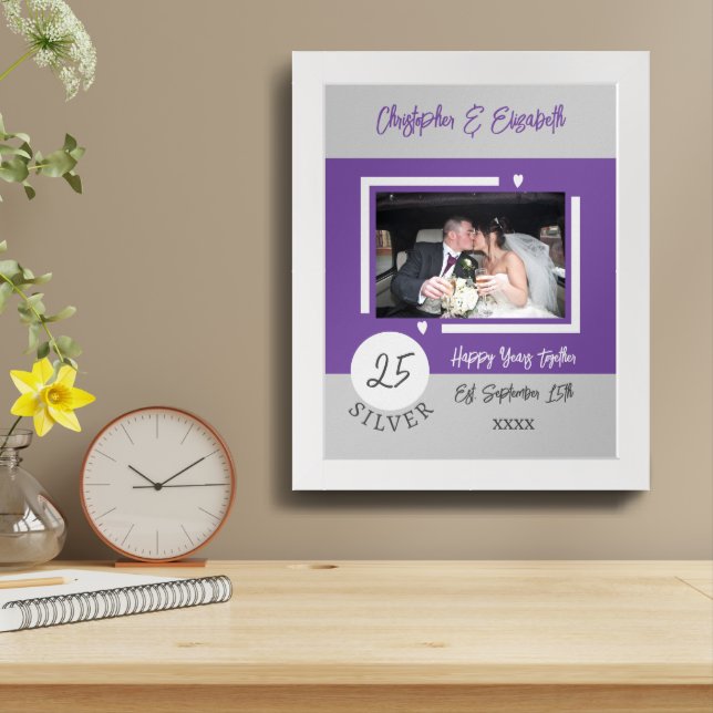 25th silver anniversary purple add names photo framed art (Table Top)