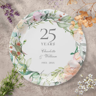 25th Silver Anniversary Roses Floral Greenery Paper Plates