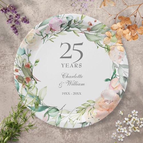 25th Silver Anniversary Roses Floral Greenery Paper Plates