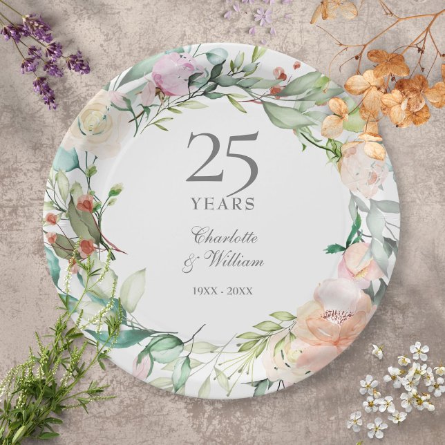 25th Silver Anniversary Roses Floral Greenery Paper Plates (Creator Uploaded)