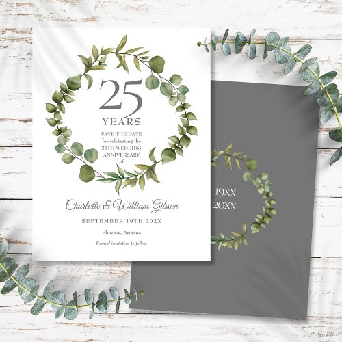 25th Silver Anniversary Save the Date Greenery  Announcement Postcard