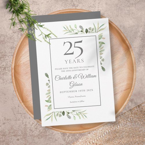 25th Silver Anniversary Save the Date Greenery  Invitation