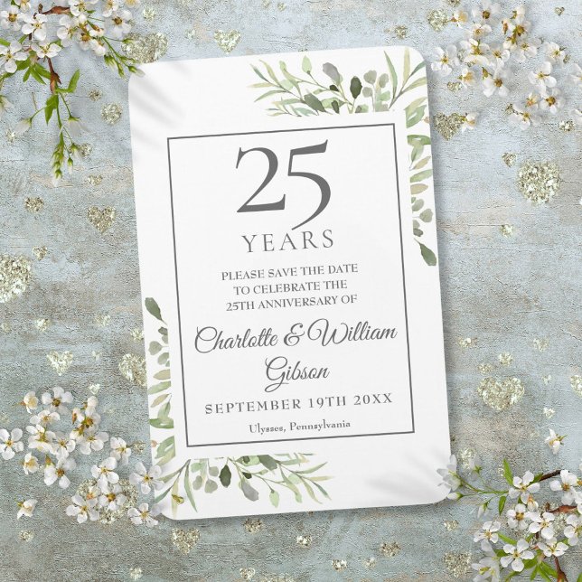 25th Silver Anniversary Save the Date Greenery  Magnet (25th Silver Anniversary Save the Date Greenery Magnet)