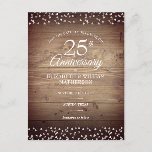 25th Silver Anniversary Save the Date Rustic Wood Postcard