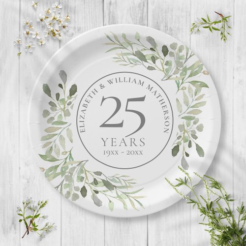 25th Silver Anniversary Watercolor Greenery Floral Paper Plates