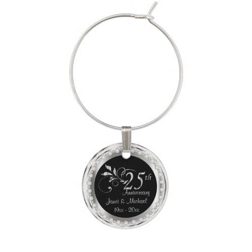 25th Silver Anniversary Wedding  DIY Name  Date Wine Glass Charm