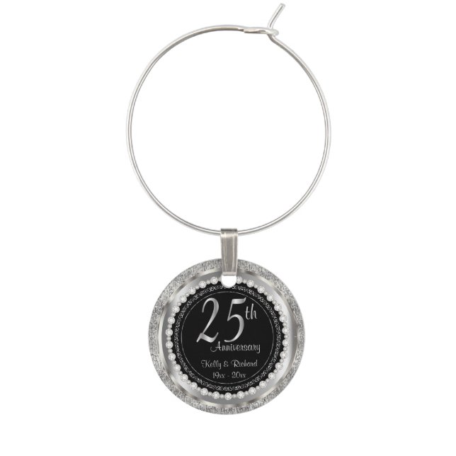 25th Silver Anniversary Wedding | DIY Name & Date Wine Glass Charm (Front)