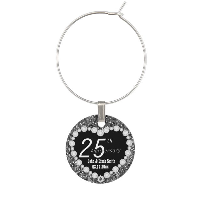 25th Silver Anniversary Wedding | DIY Name & Date Wine Glass Charm (Front)