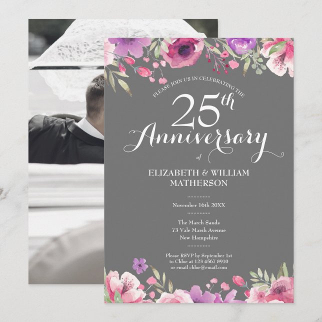 25th Silver Anniversary Wedding Photo Floral Roses Invitation (Front/Back)