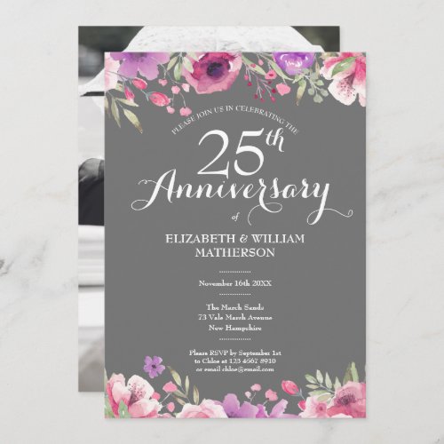 25th Silver Anniversary Wedding Photo Floral Roses Invitation