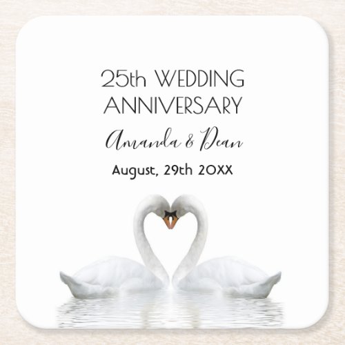 25th silver anniversary white swans in love square paper coaster