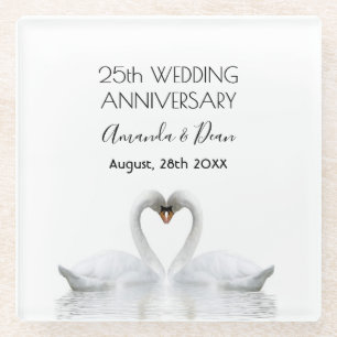 25th silver anniversary white swans love silver glass coaster